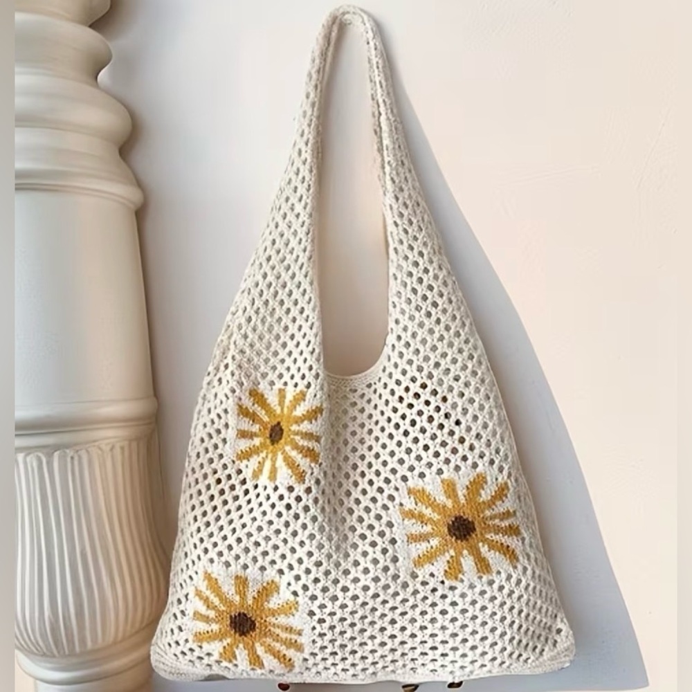 Sunflower Crochet Shoulder Bag, Knitted Crochet Bag, Yellow Flower Handbag